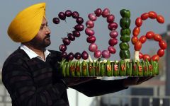 Indian artist Harwinder Singh Gill displays his new vegetable artwork made with vegetables on New Year's.jpg